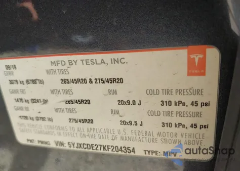 2019 Tesla Model X 100D/75D/Long Range/Standard Range z USA, uszkodzony, nr VIN 5YJXCDE27KF204354